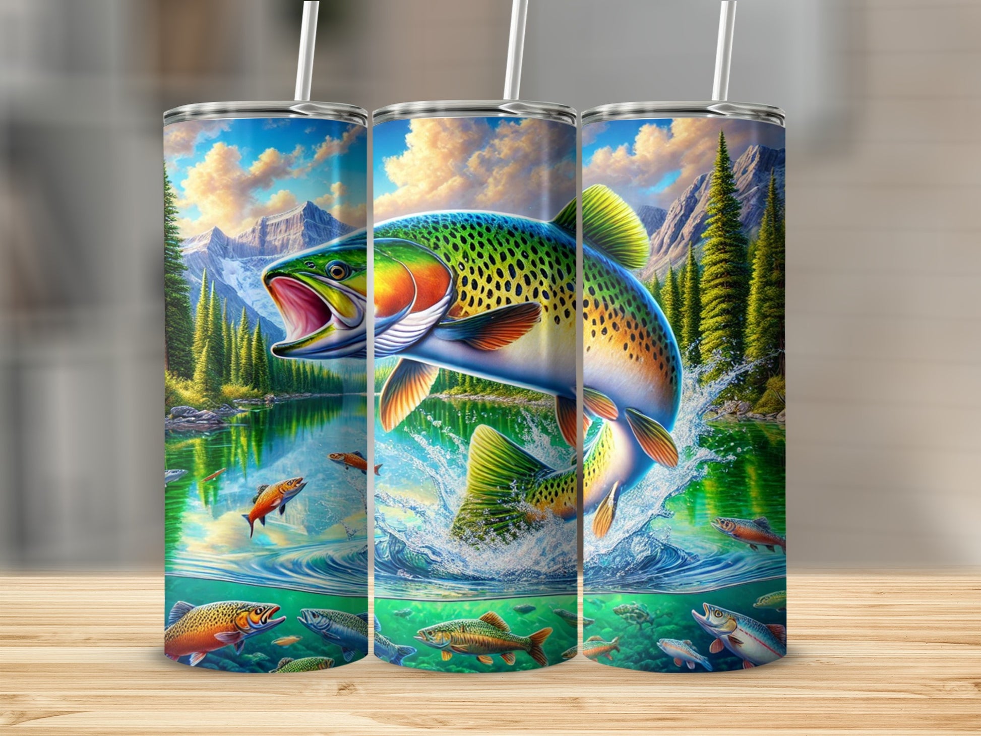 Vibrant Trout Fishing Scene with Mountain Backdrop Tumbler