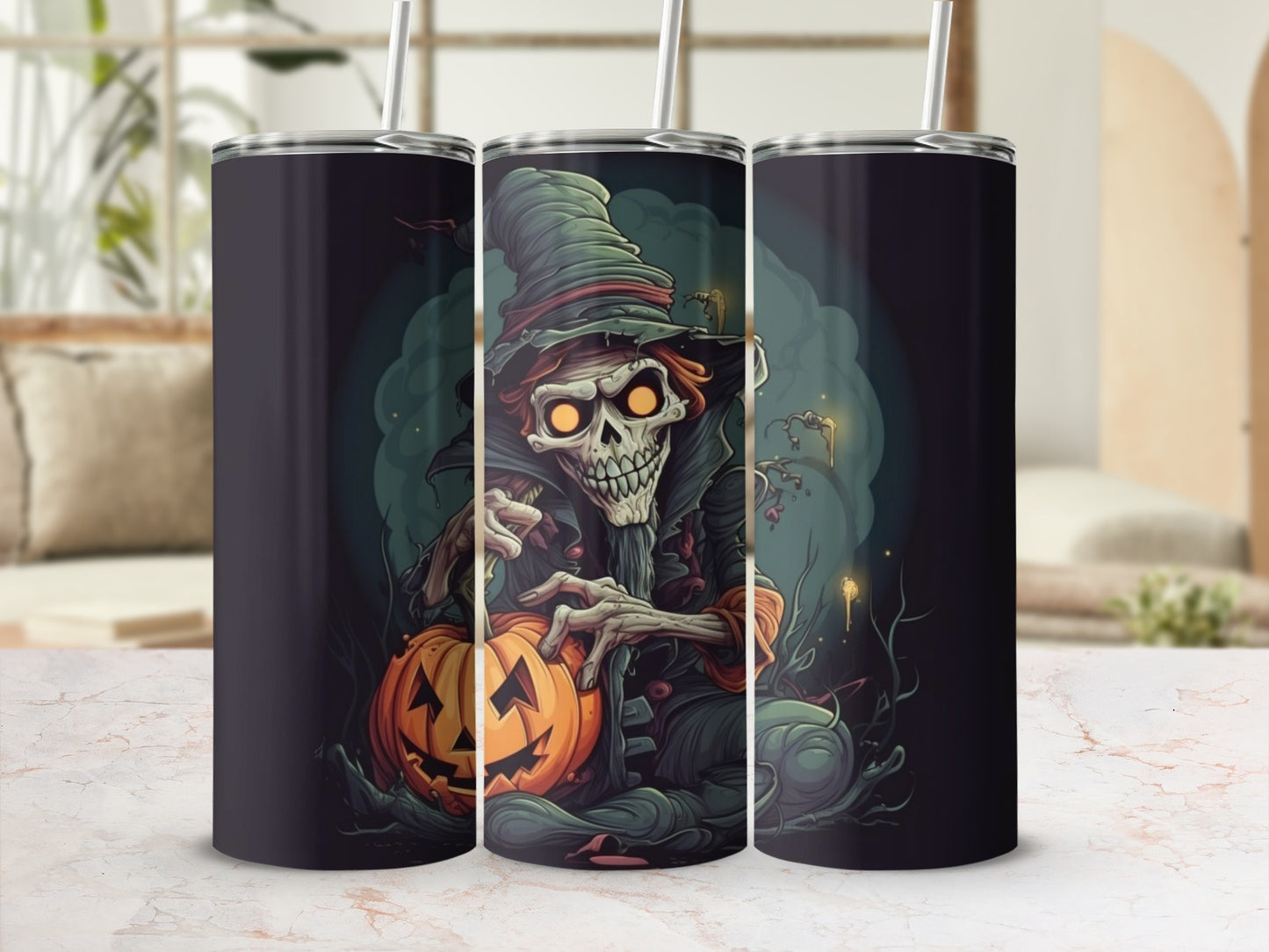 Spooky Skeleton and Pumpkin Halloween Tumbler Design