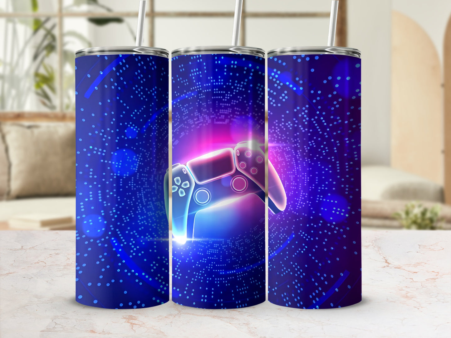 Blue tumbler with glowing video game controller and digital circuits.