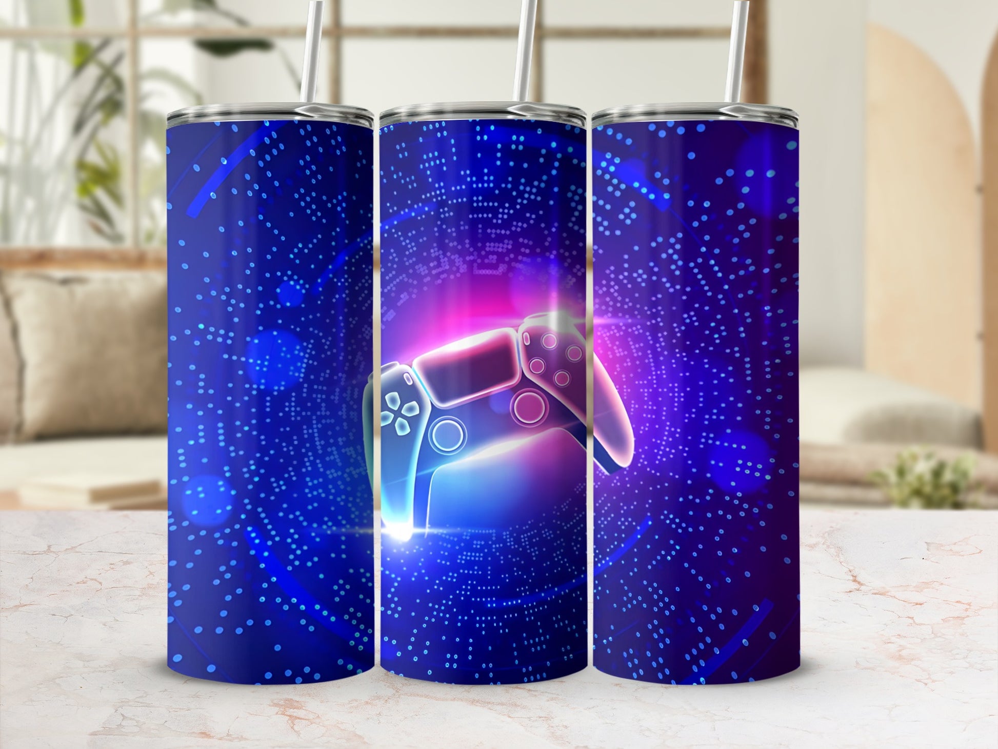 Blue tumbler with glowing video game controller and digital circuits.