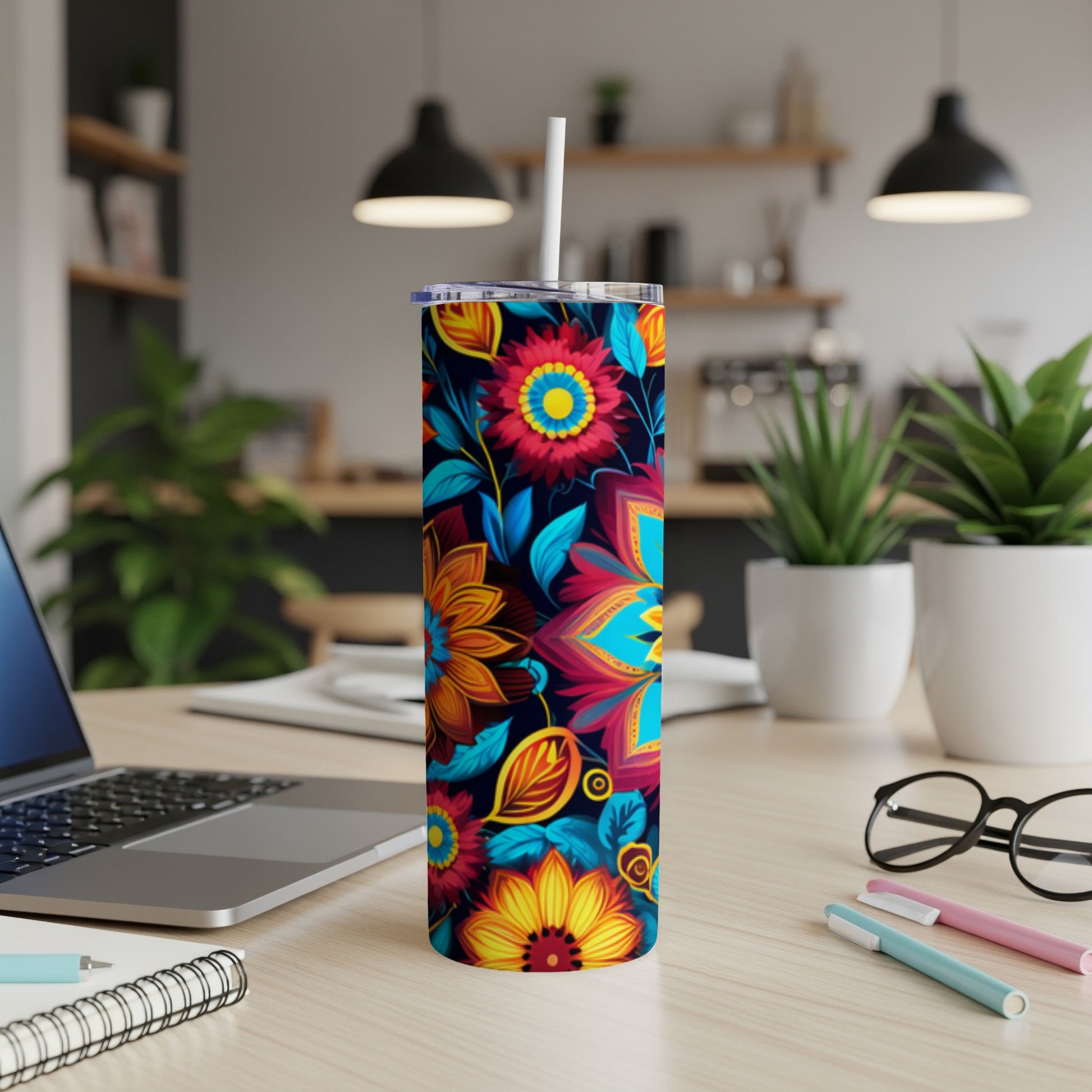Blue, red, and yellow floral pattern tumbler with straw on desk.
