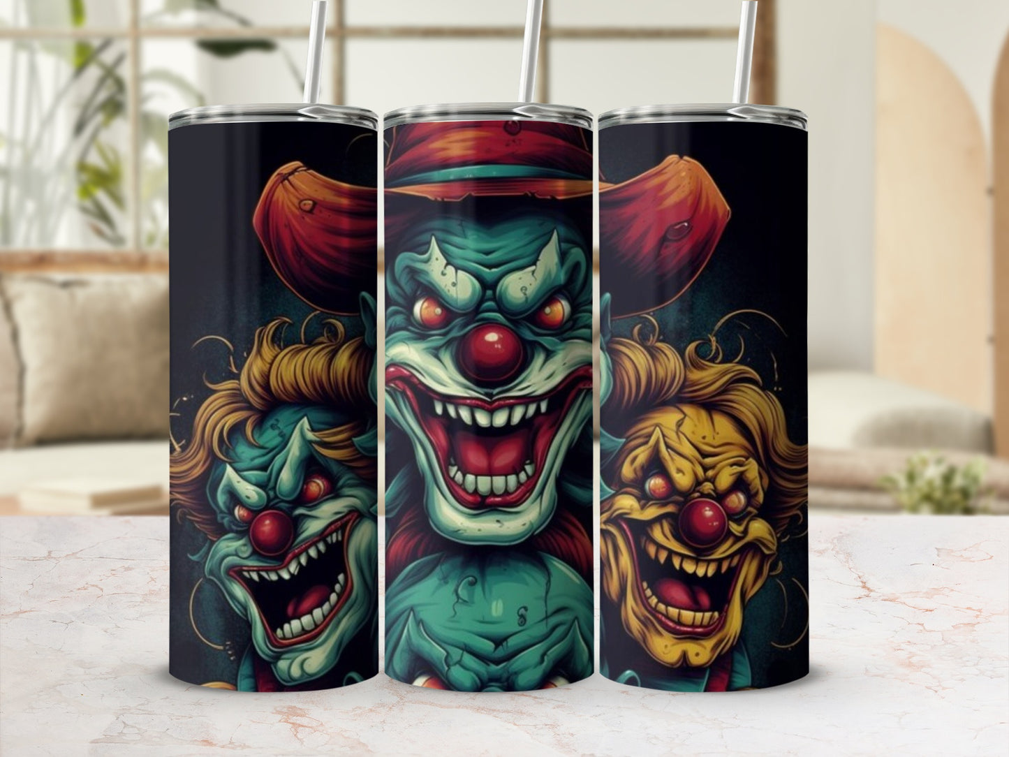 Three tumblers with eerie clown faces, wide smiles, and red clown noses.