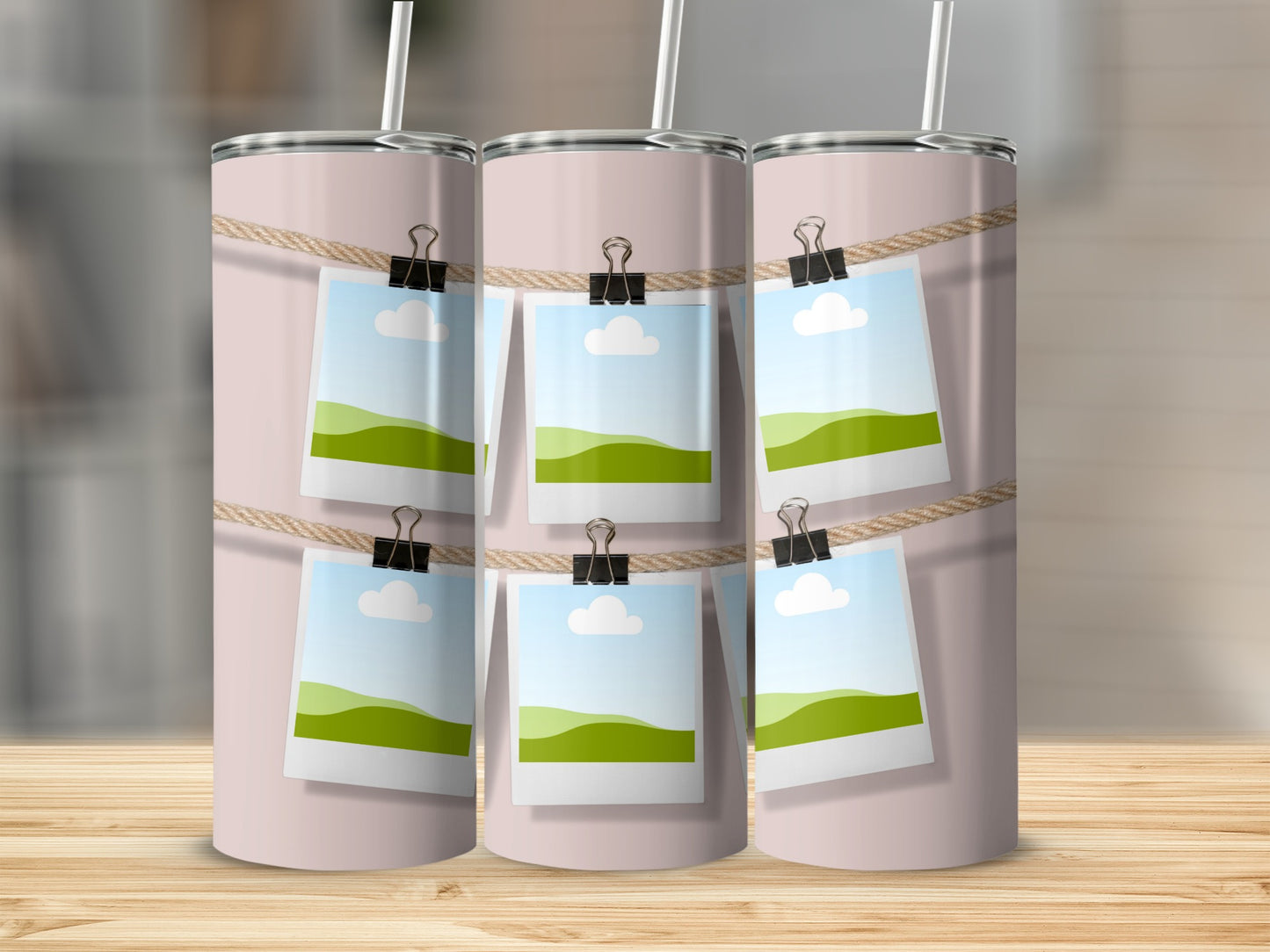 Three tumblers with a rope holding six landscape photo placeholders.