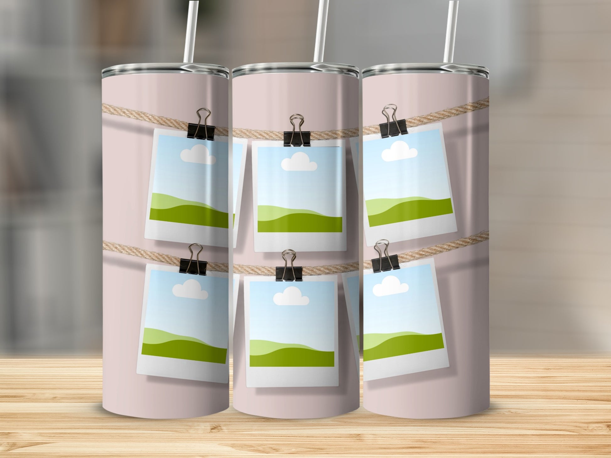 Three tumblers with a rope holding six landscape photo placeholders.