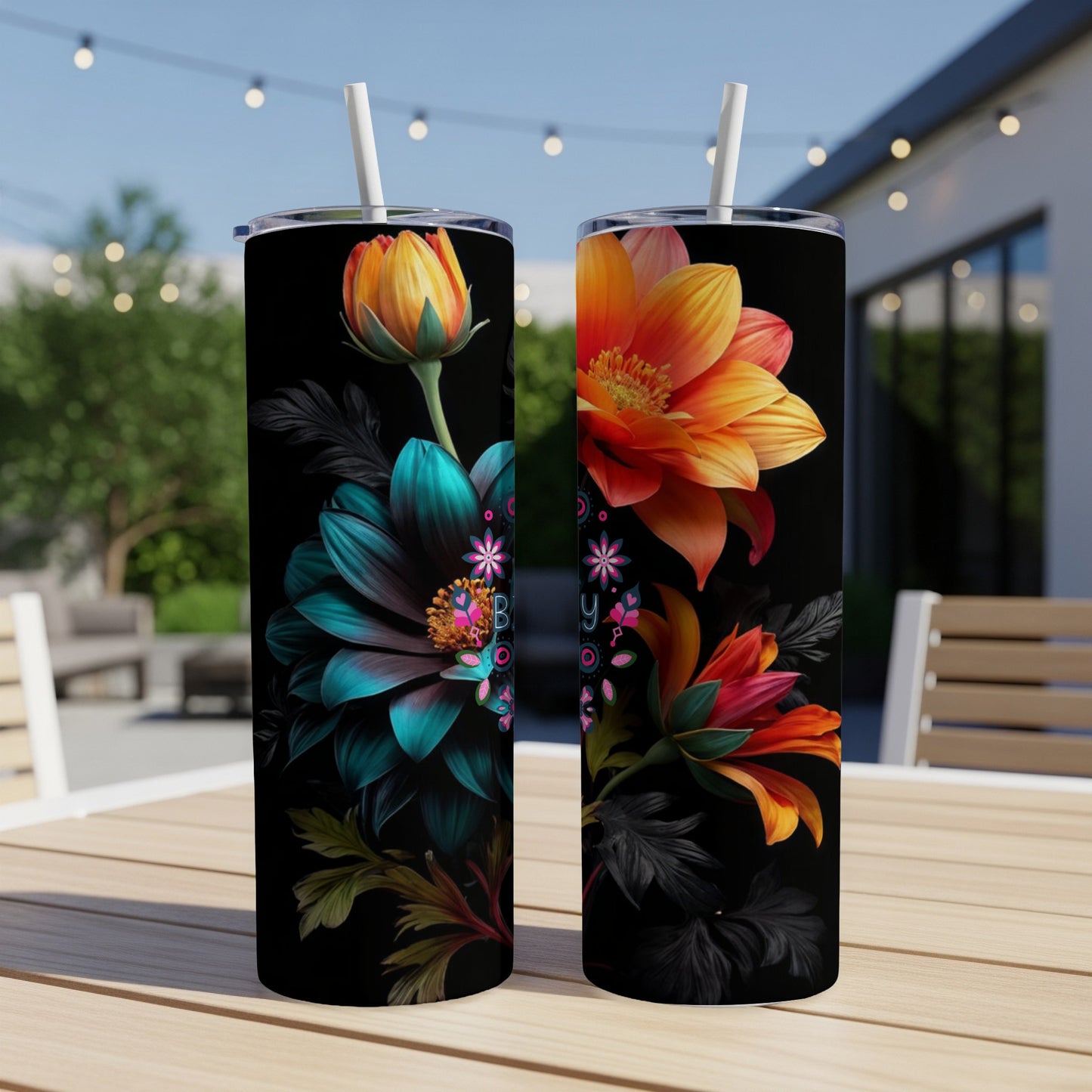 Two tumblers featuring vibrant orange and teal floral designs on a black background.
