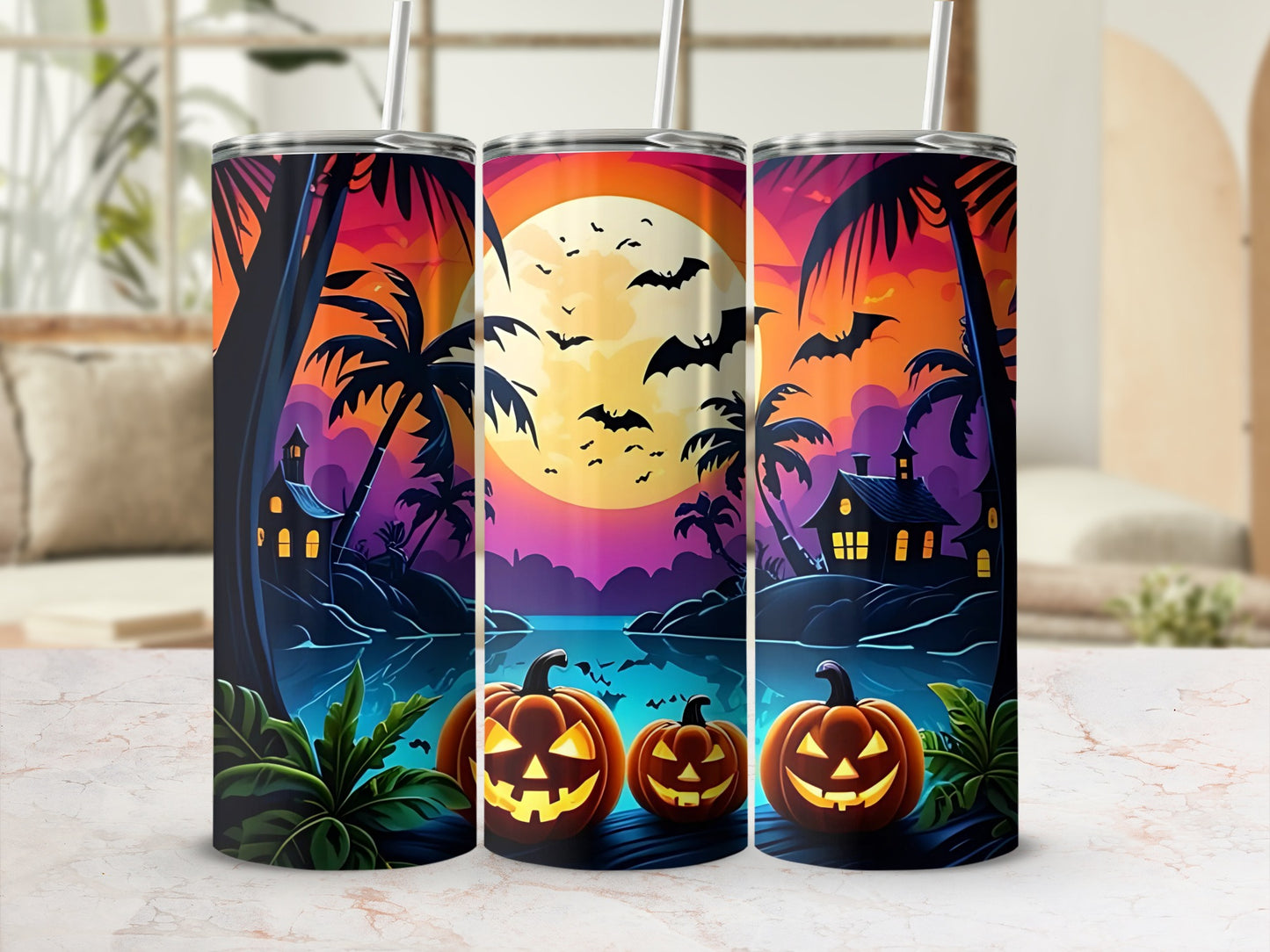 Three tumblers with Halloween scene: pumpkins, haunted houses, palm trees, bats, and moon.