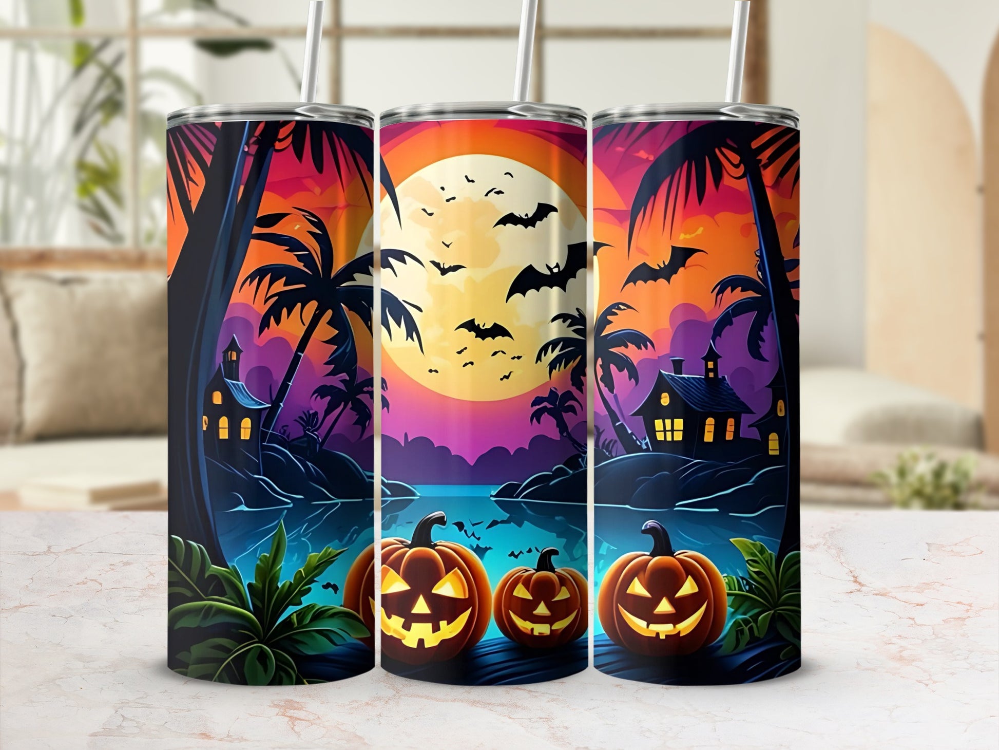 Three tumblers with Halloween scene: pumpkins, haunted houses, palm trees, bats, and moon.