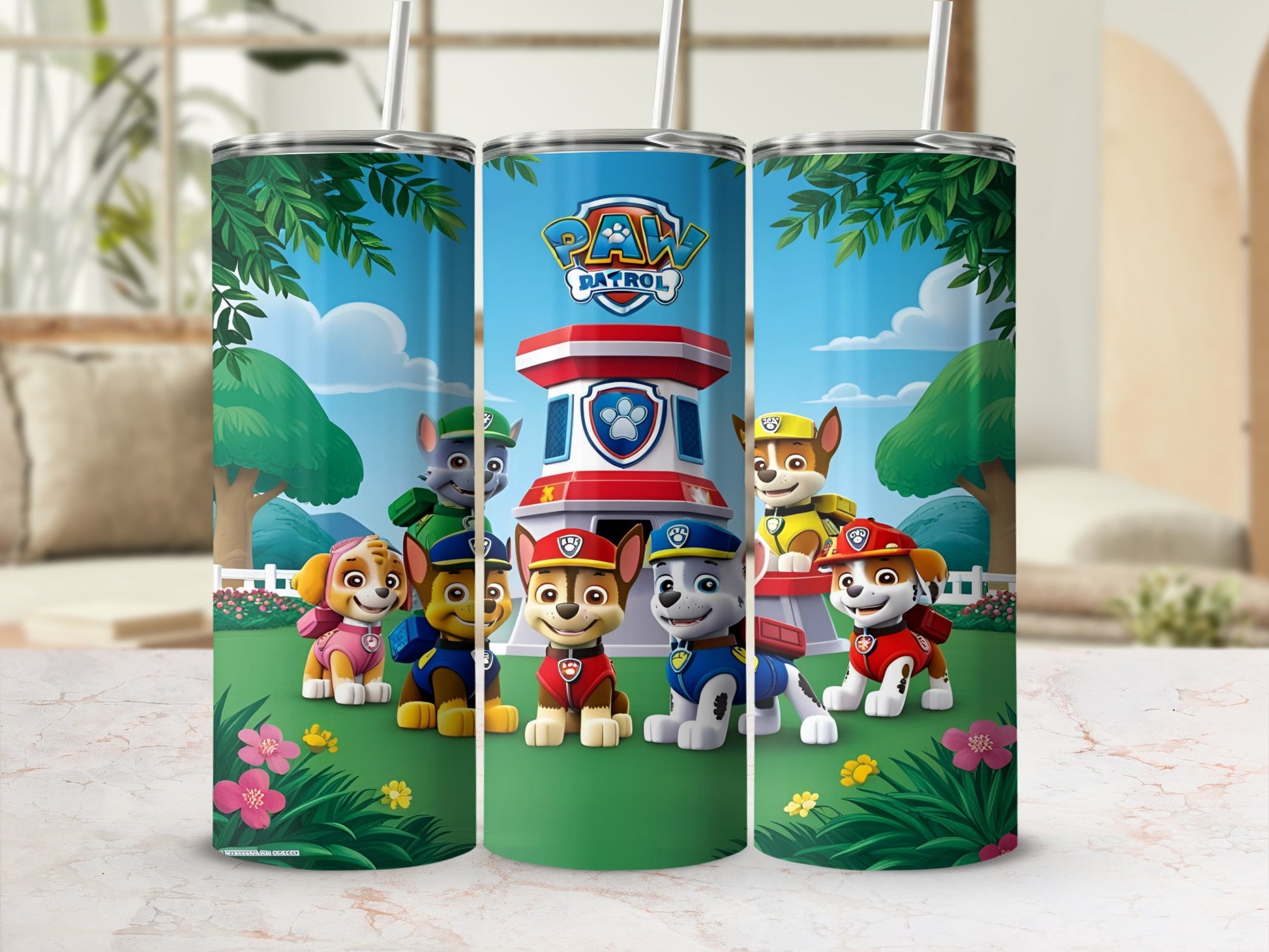 Paw Patrol characters on a tumbler with Paw Patrol logo.