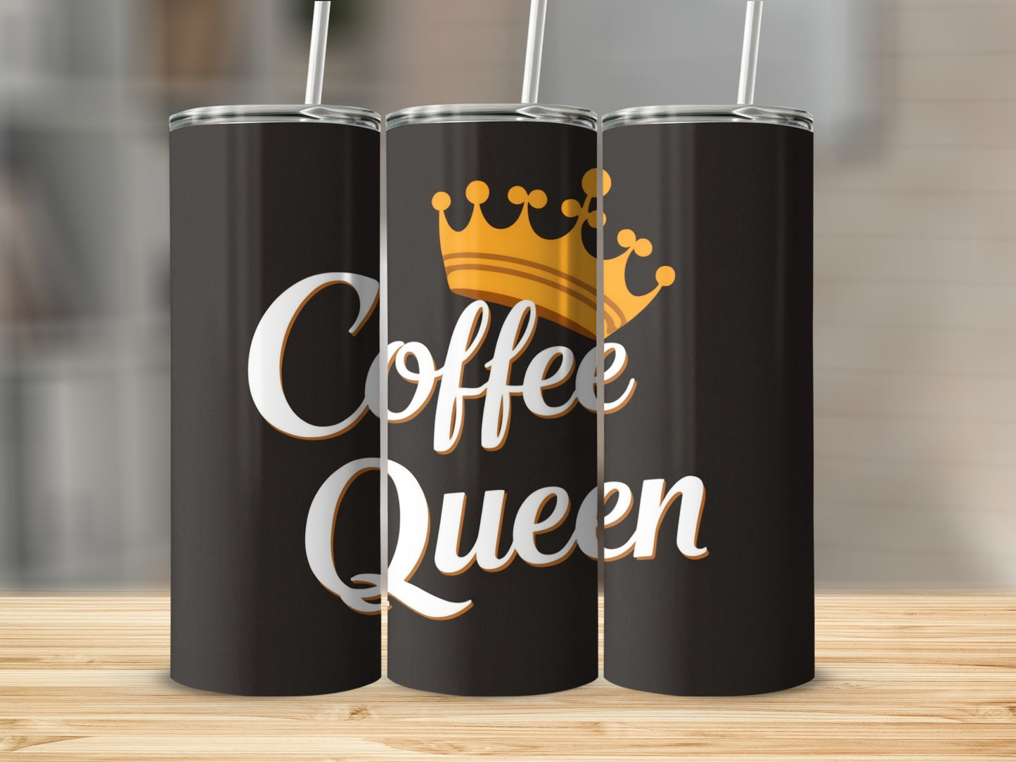 Black tumbler with "Coffee Queen" text and a golden crown.