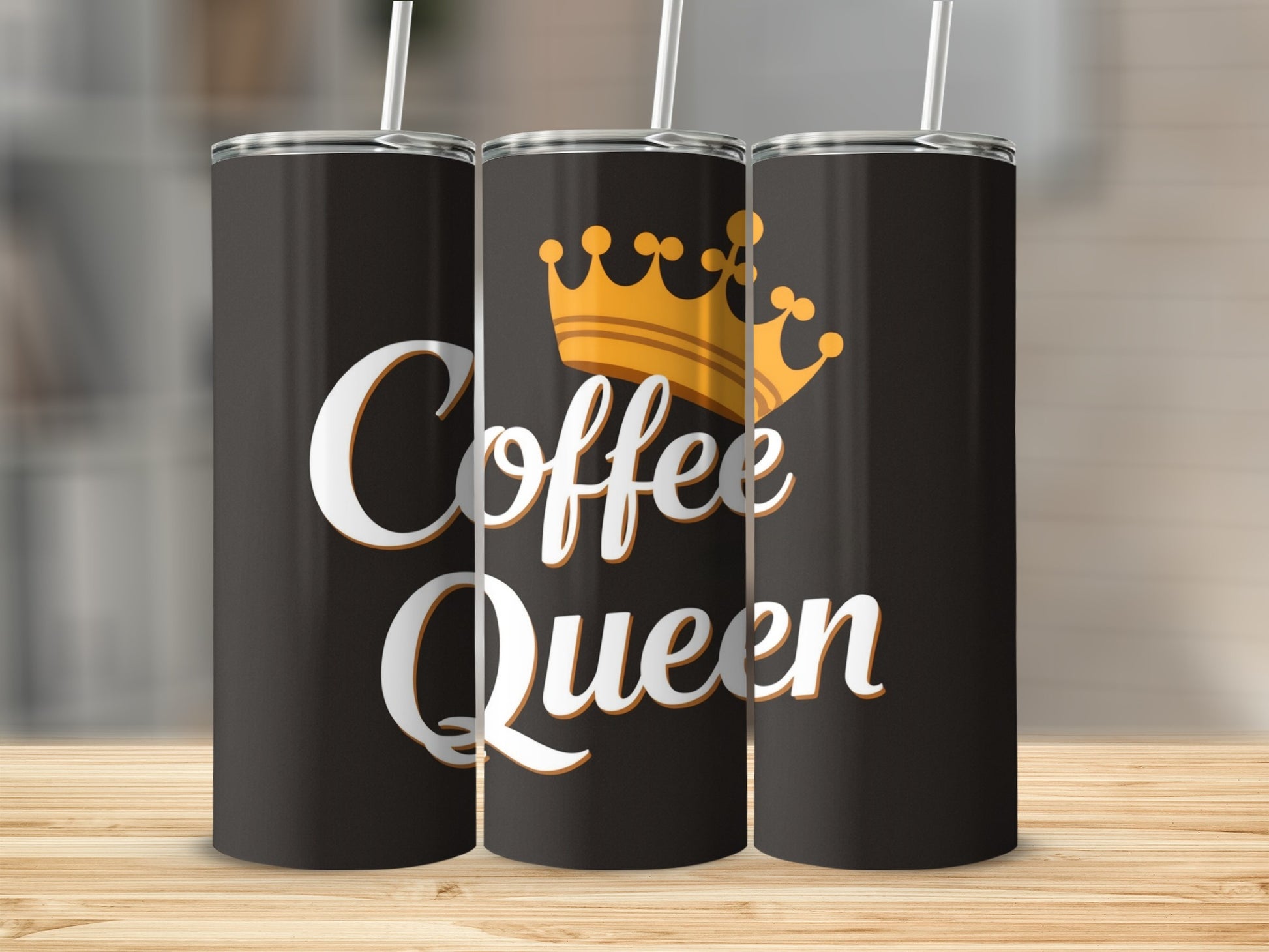 Black tumbler with "Coffee Queen" text and a golden crown.