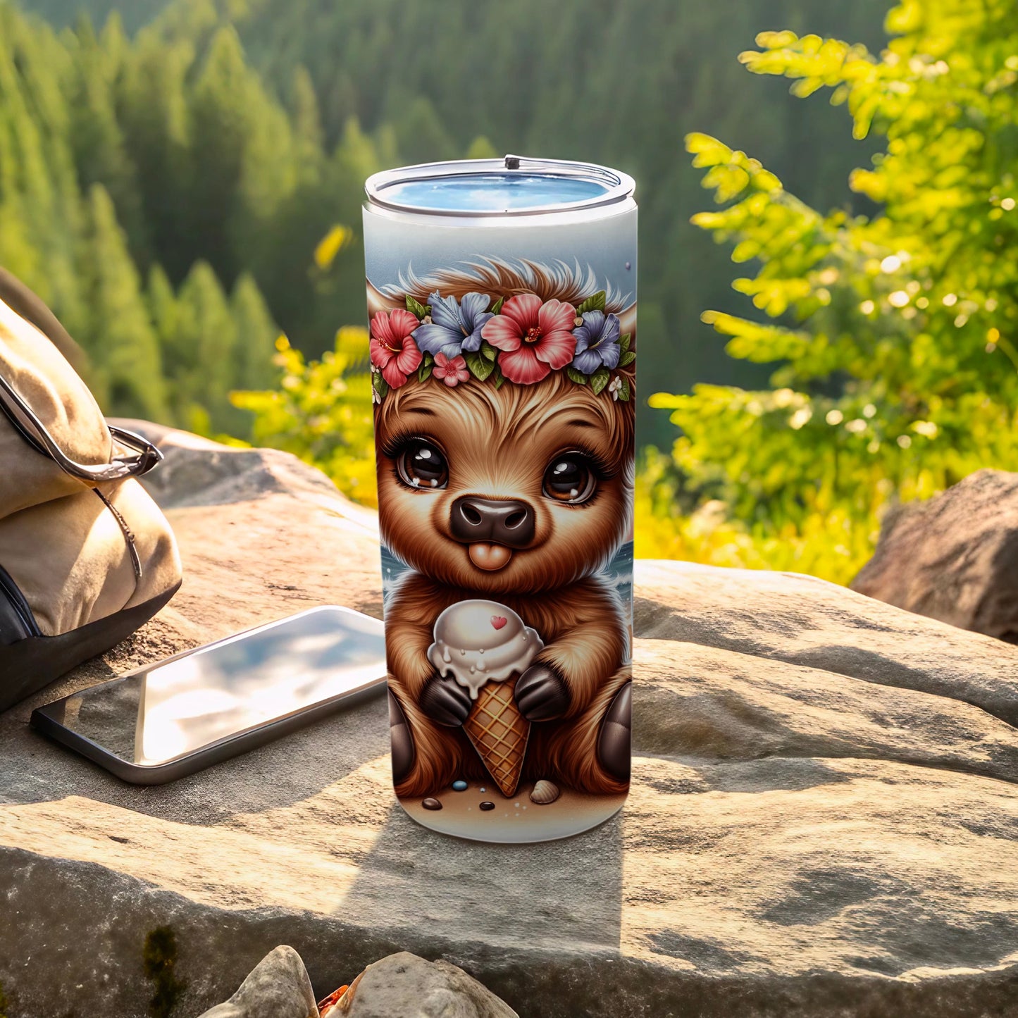 Baby cow with flower crown holding ice cream cone on rocks.
