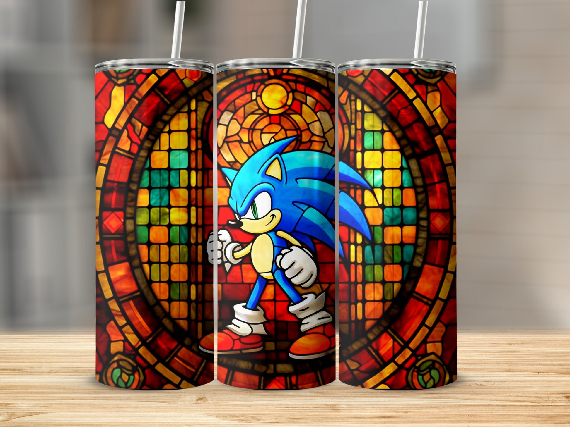 Colorful Sonic Character Stained Glass Design Tumbler