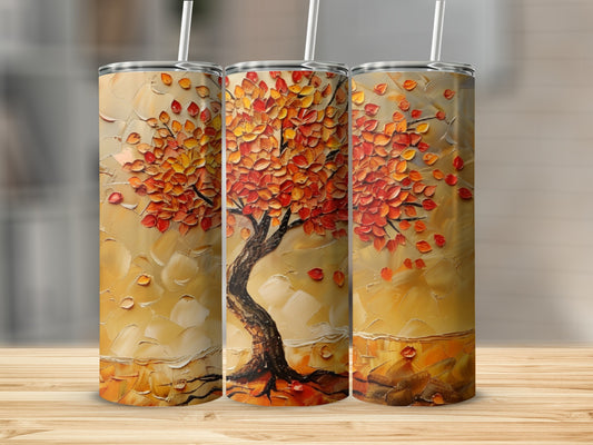 Triptych of a textured painting of an autumn tree with red and orange leaves.