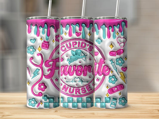 White tumbler with "Cupid's Favorite Nurse" text and medical icons.