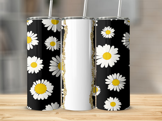 Three tumblers with black backgrounds and white daisy patterns, one with a glitter accent.