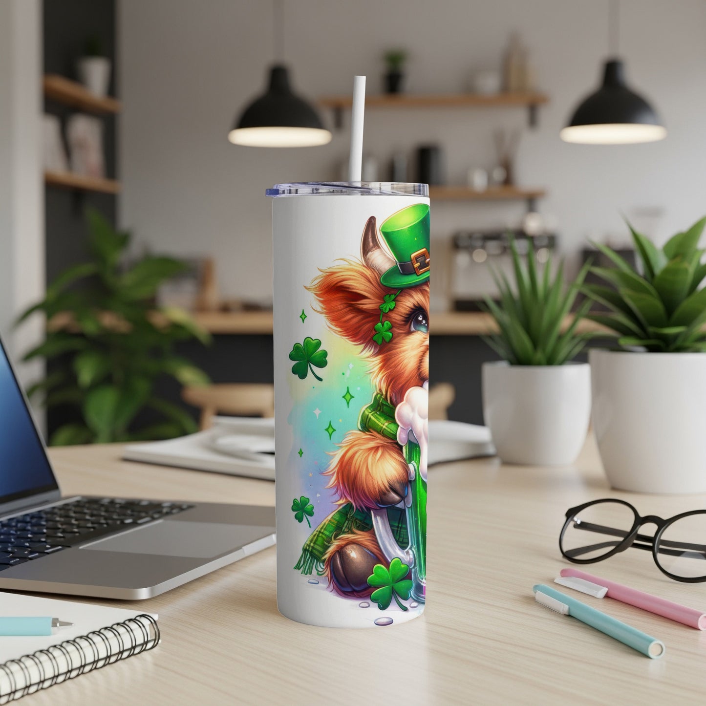 St. Patrick's Day themed tumbler with cartoon dog wearing a green hat, holding a green drink.