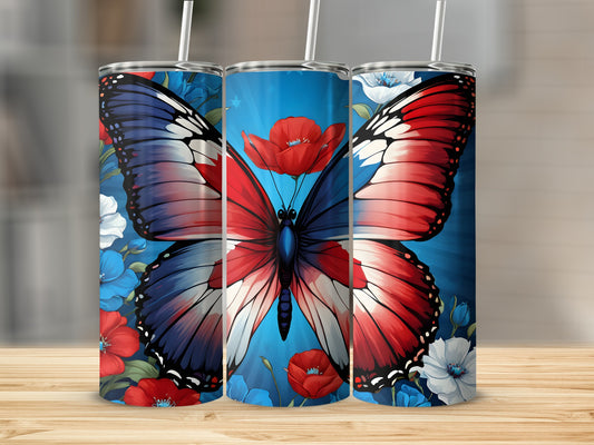 Patriotic butterfly with red, white, and blue wings and red poppies.