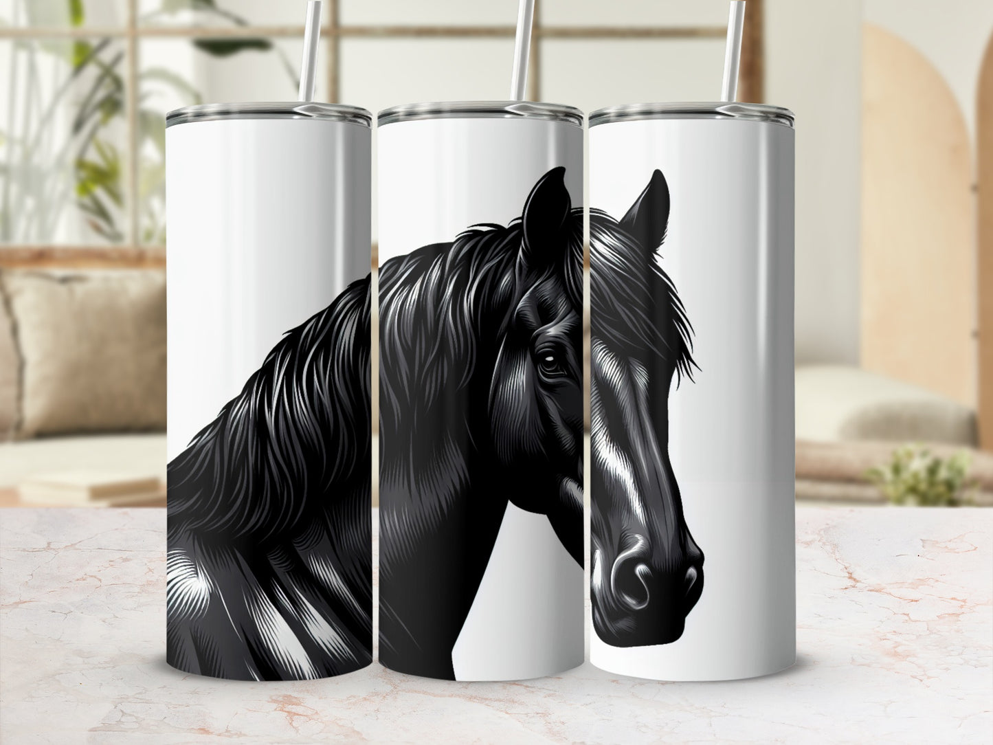 Black horse head illustration on a white tumbler with straw.