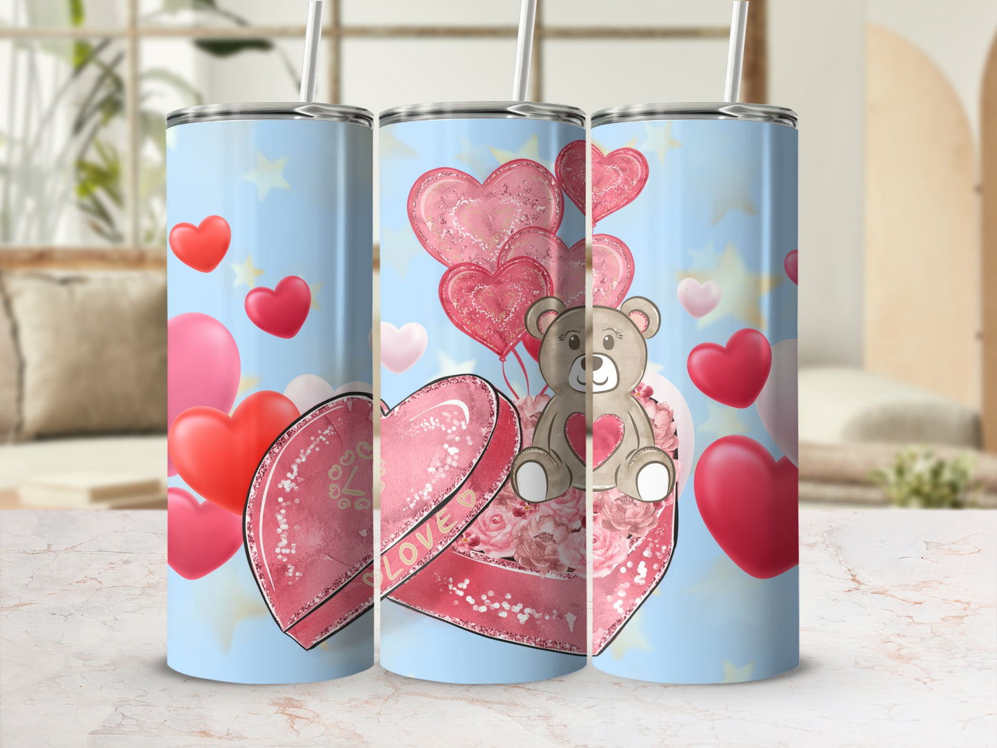 Cute Teddy Bear with Heart Balloons Tumbler
