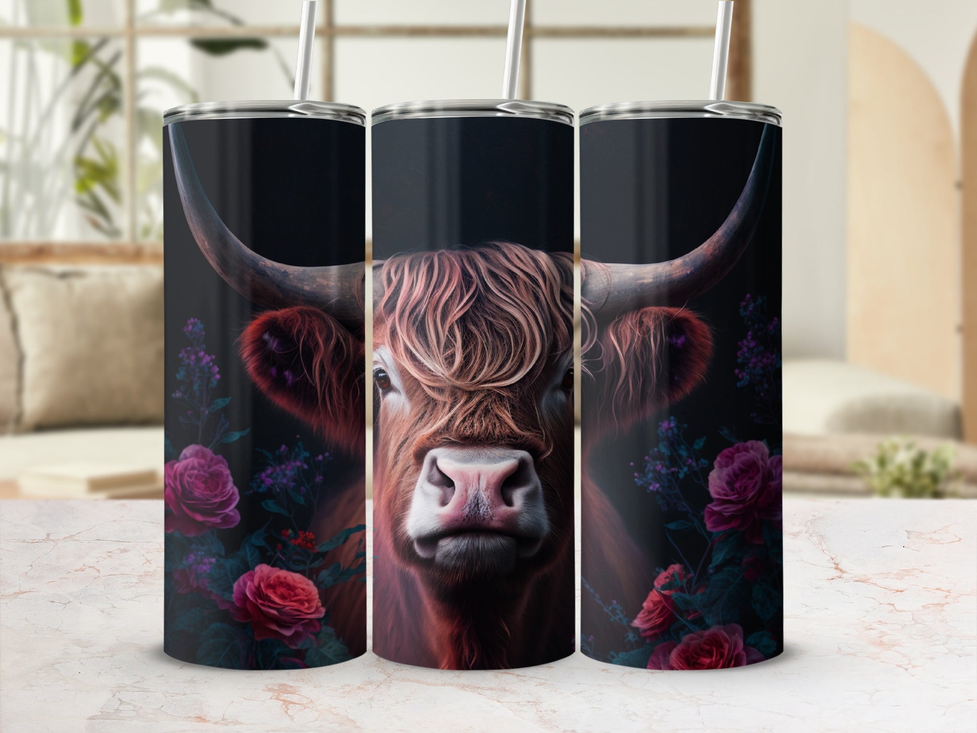 Highland cow with flowers on a black tumbler.