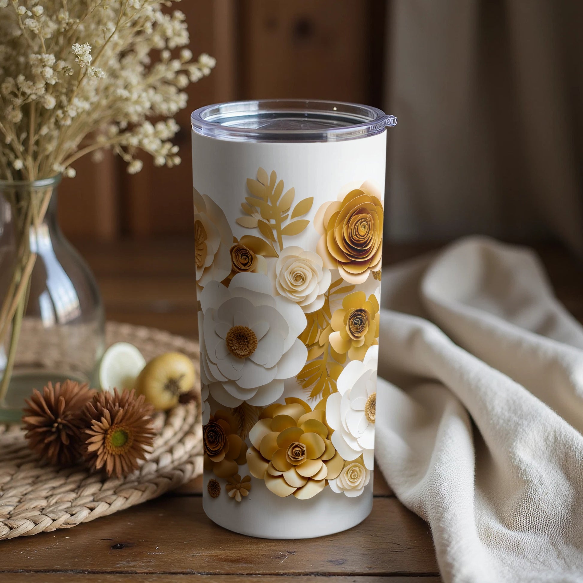 Golden and White Floral Design Travel Tumbler