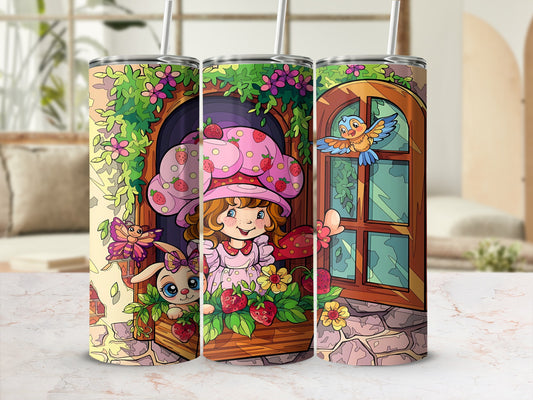 Strawberry Shortcake character on a tumbler with a bunny and bird.