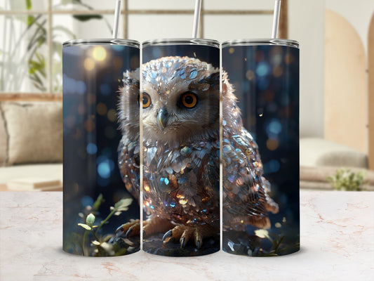 Close-up of a sparkly owl on a tumbler with bokeh lights.