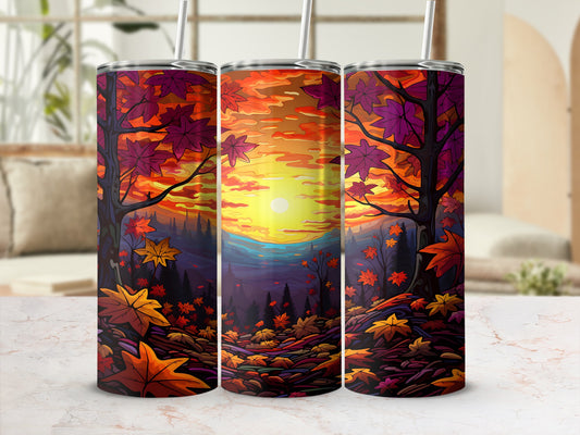 Triptych of tumblers with autumn leaves and sunset forest scene.