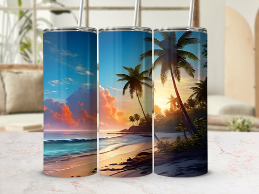 Three tumblers with tropical beach sunset scenes and palm trees.