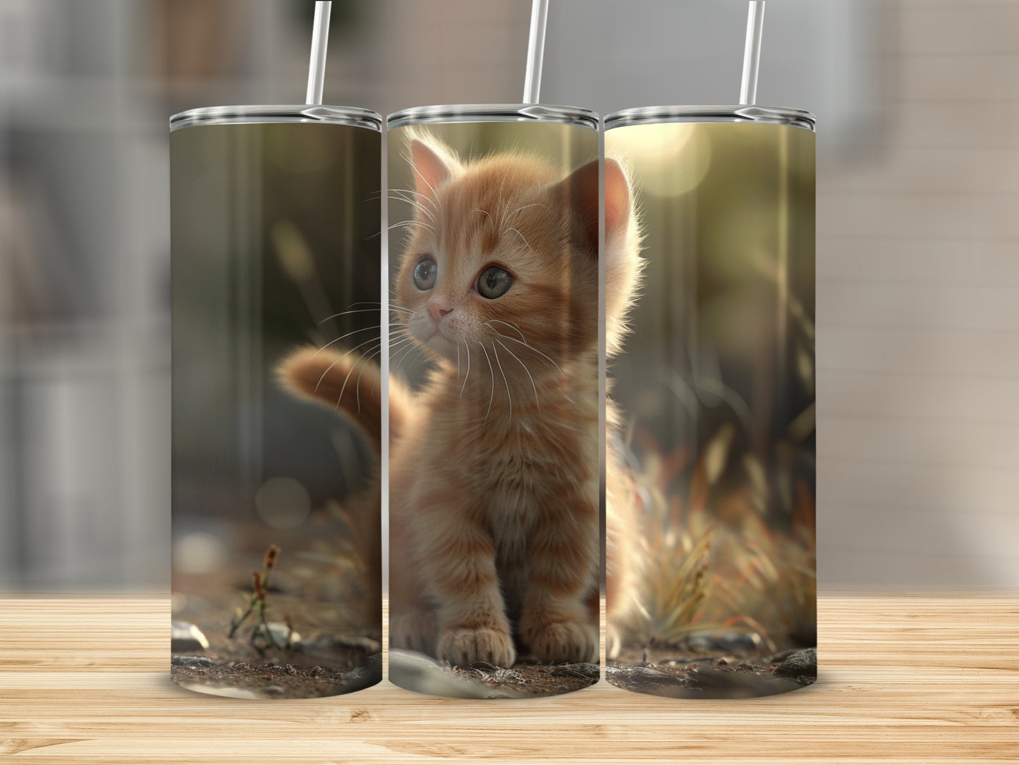 Orange tabby kitten sits in a sunlit outdoor setting.