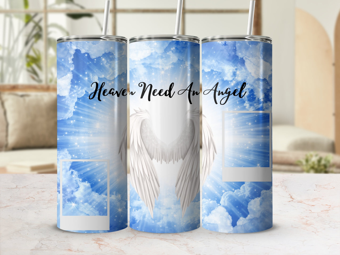 Three tumblers with sky, clouds, stars, and "Heaven Need An Angel" text.