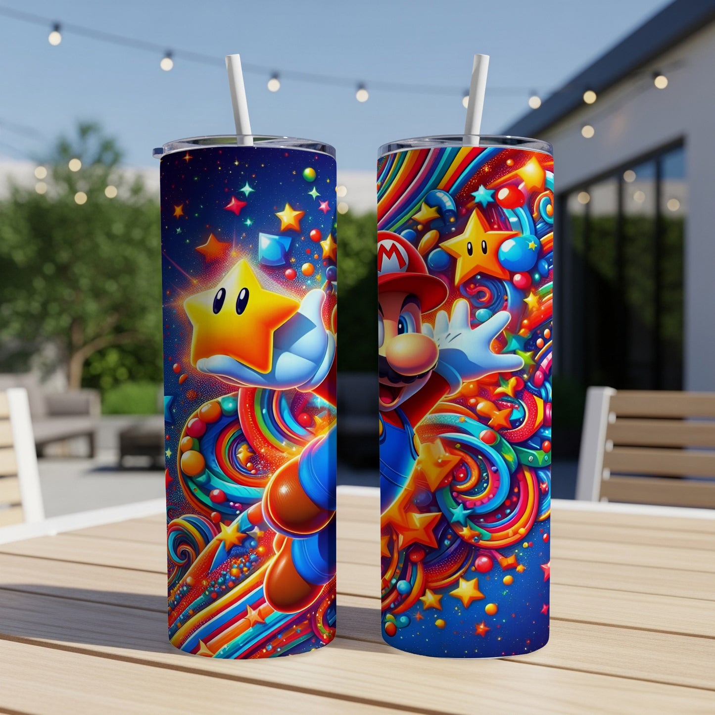 Mario holding a star with colorful swirling background and stars.