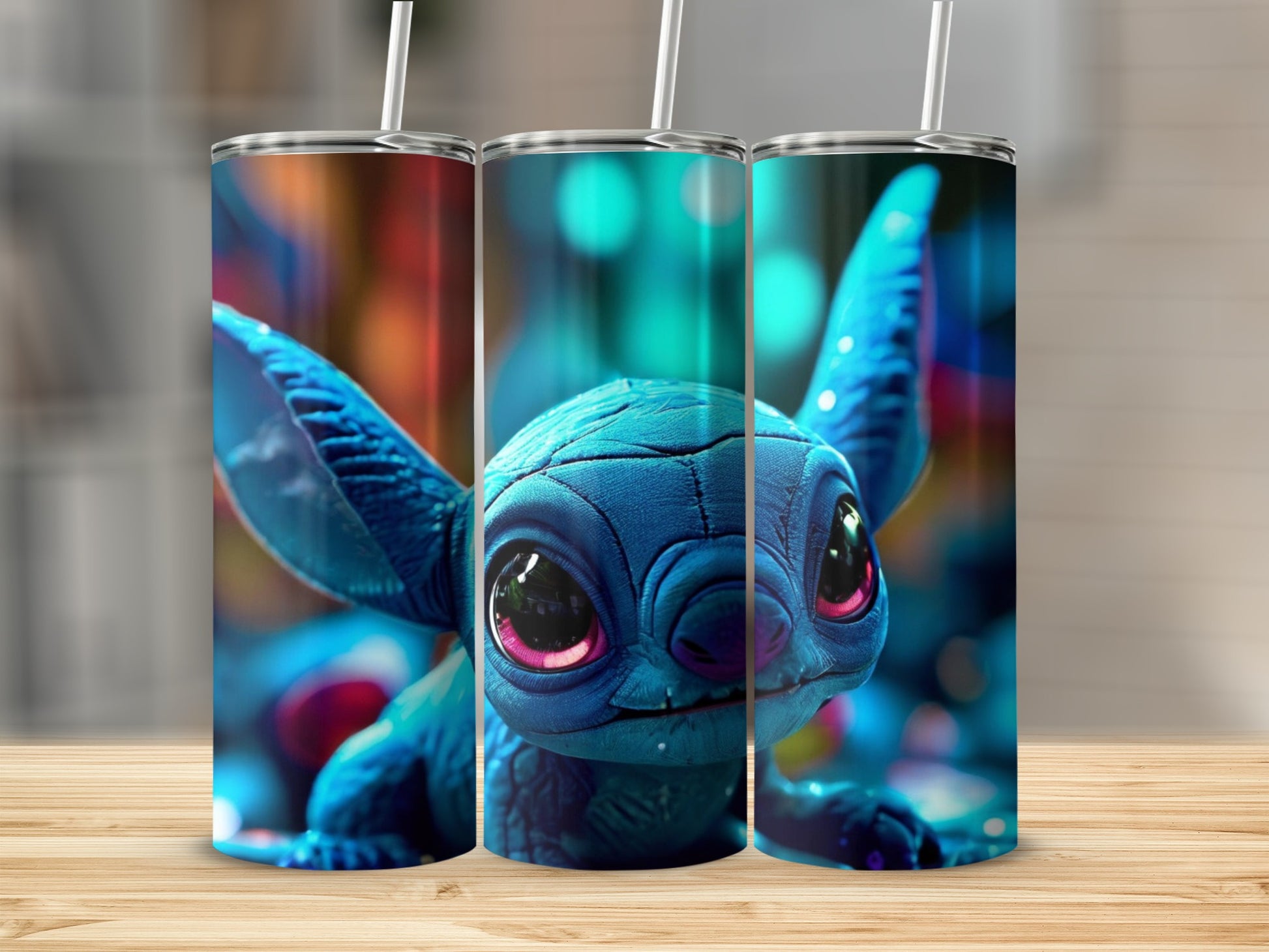 Blue cartoon character with large ears and pink eyes on a tumbler.