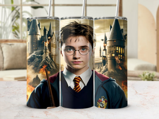 Harry Potter tumbler with Hogwarts Castle and flaming background.