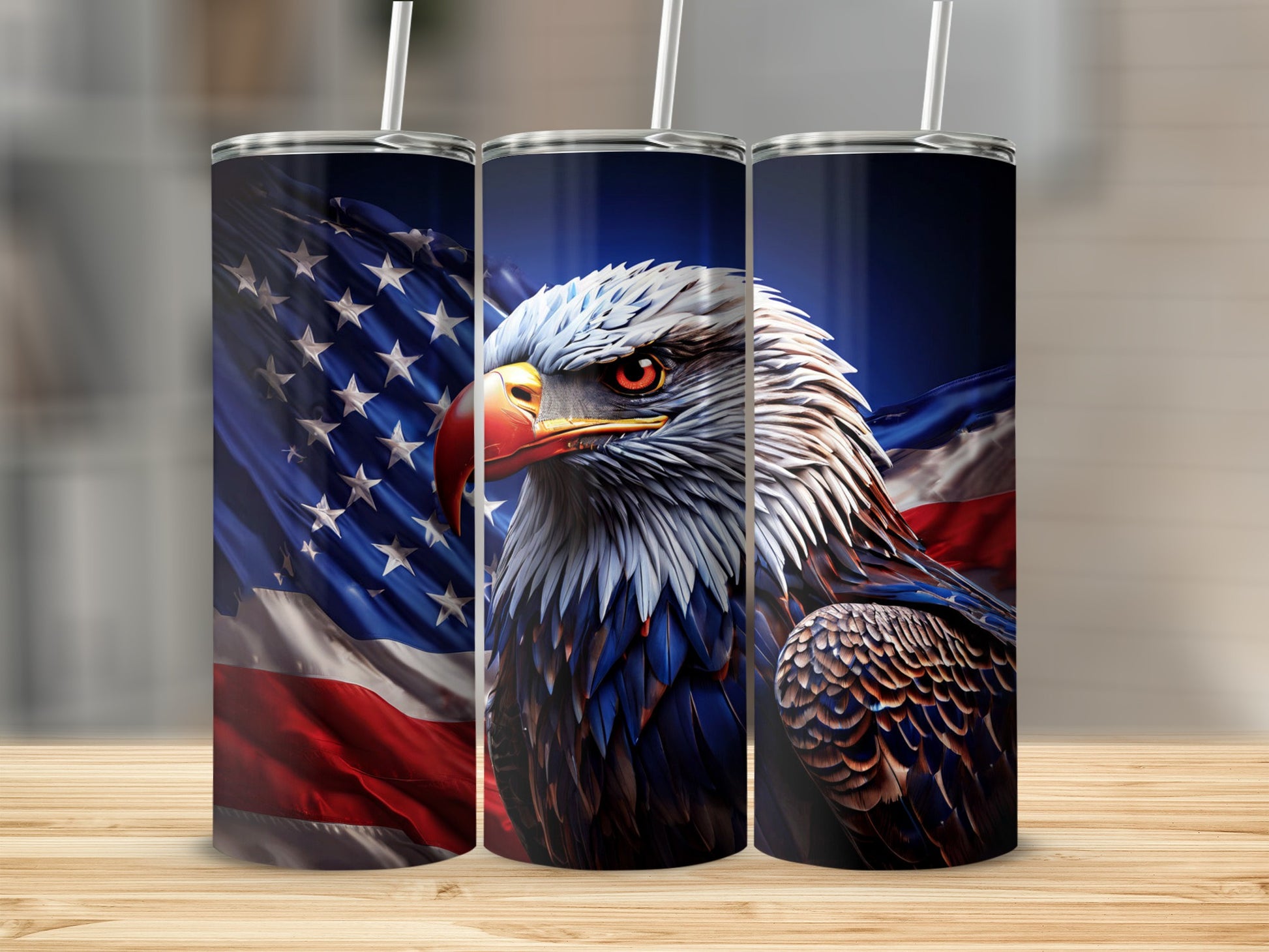 Tumbler featuring an eagle and American flag design.