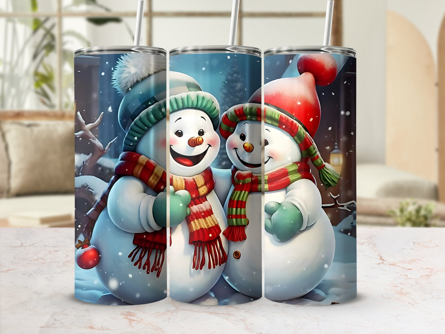 Cute Snowmen in Winter Scene Tumbler Drinkware