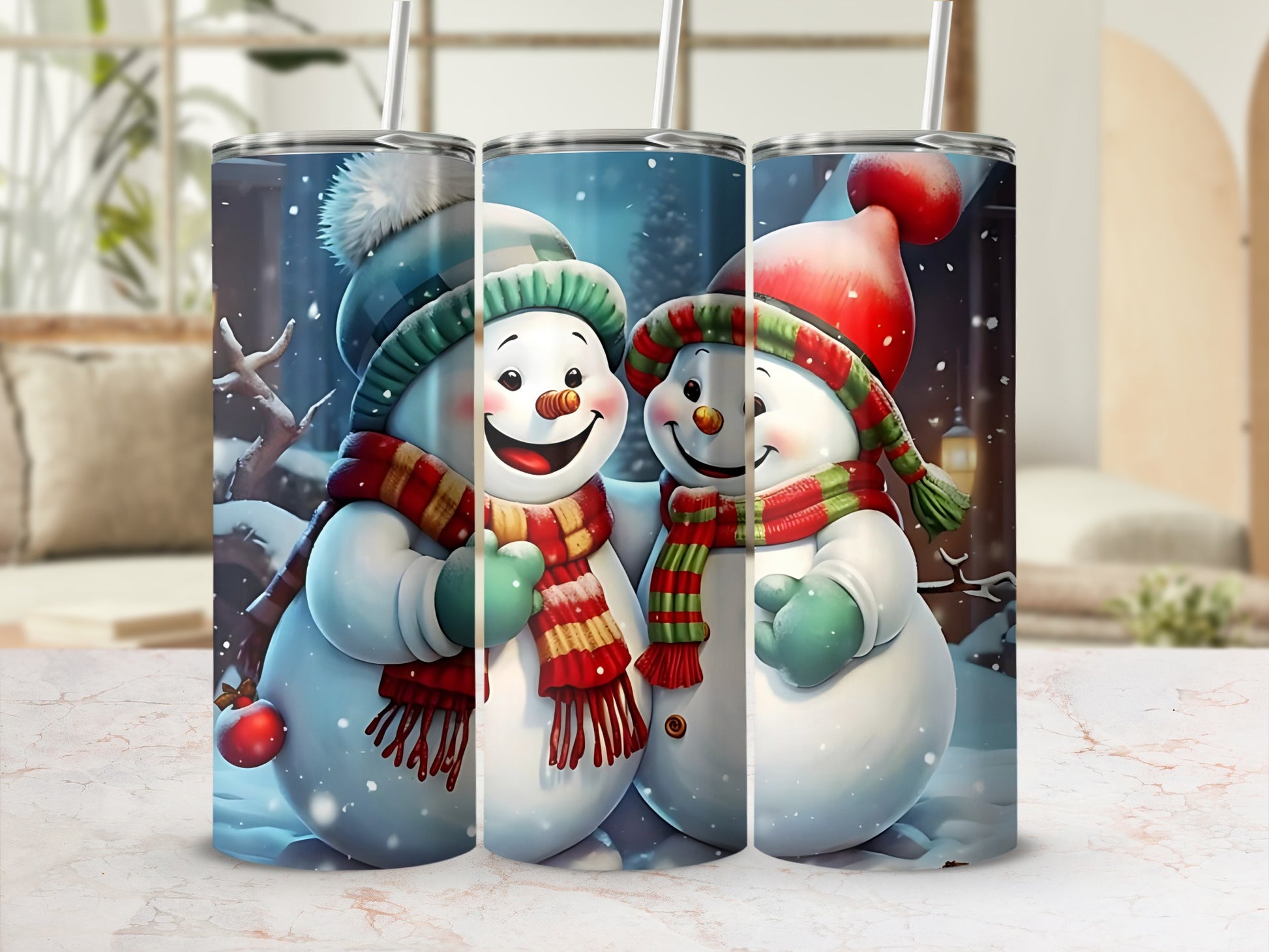 Cute Snowmen in Winter Scene Tumbler Drinkware