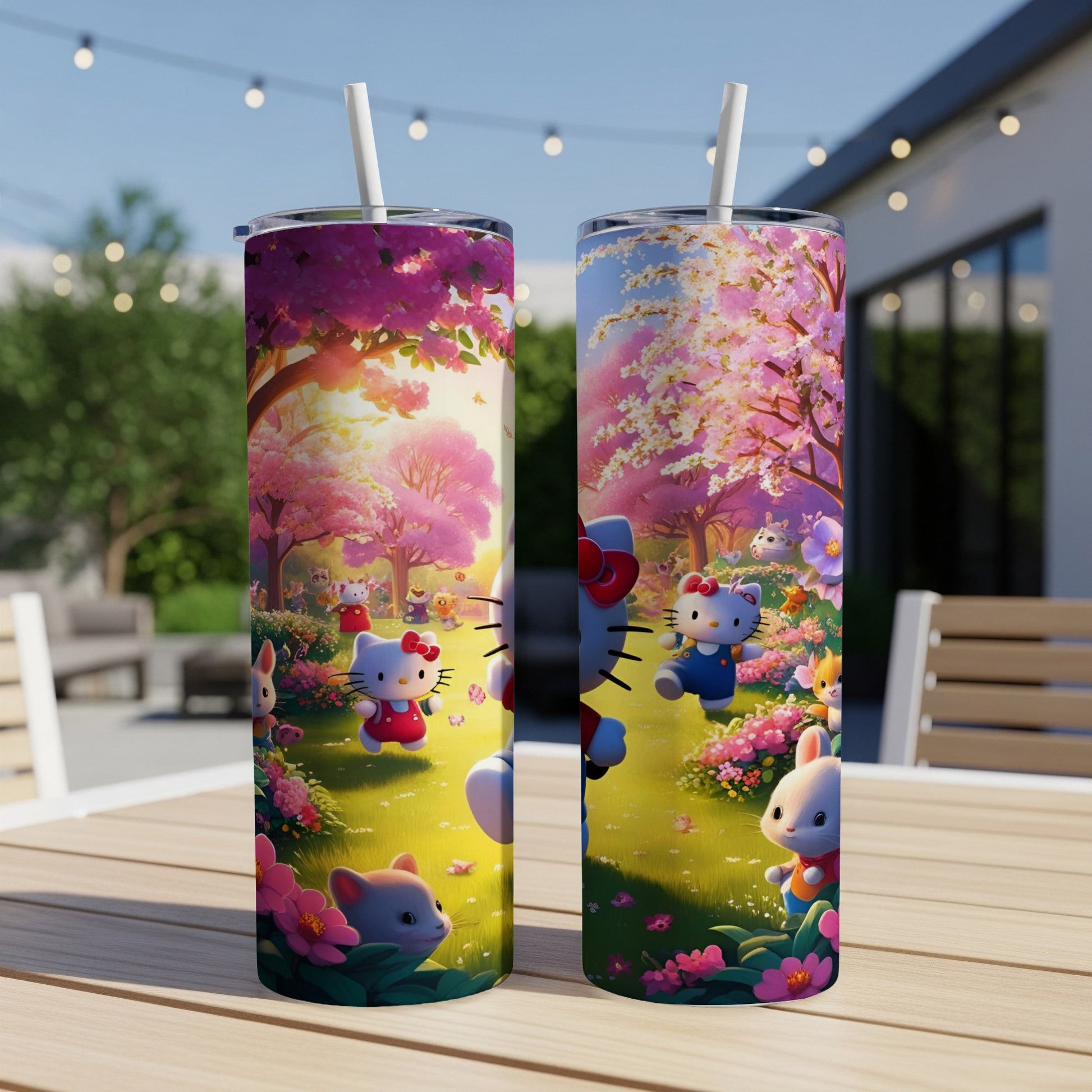 Two Hello Kitty tumblers with cherry blossoms and cartoon animals in a whimsical outdoor setting.
