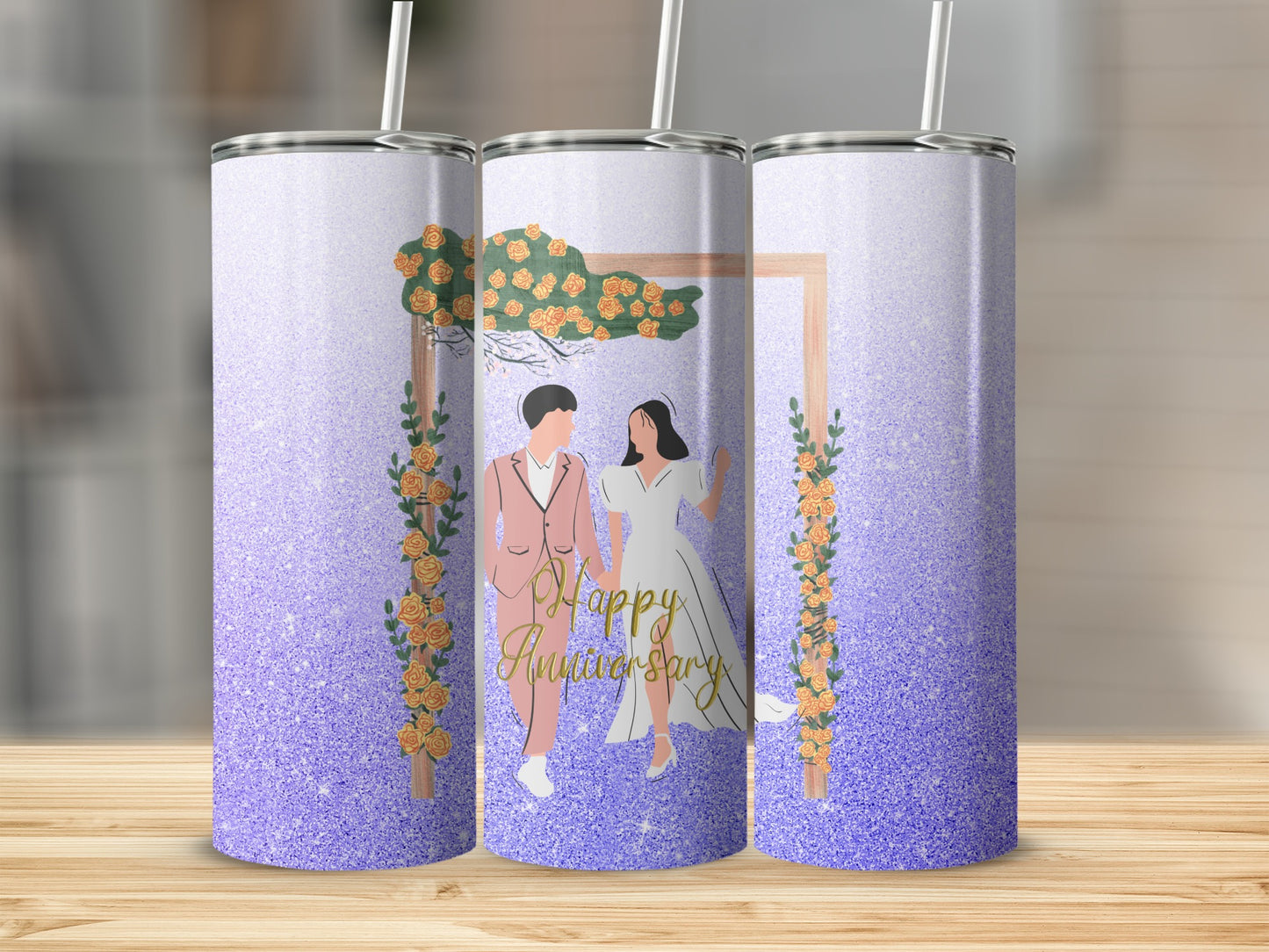 Couple under an archway with roses, "Happy Anniversary" text, on a purple glitter tumbler.