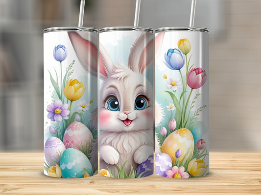 Three tumblers featuring a cute bunny and Easter eggs with floral accents.