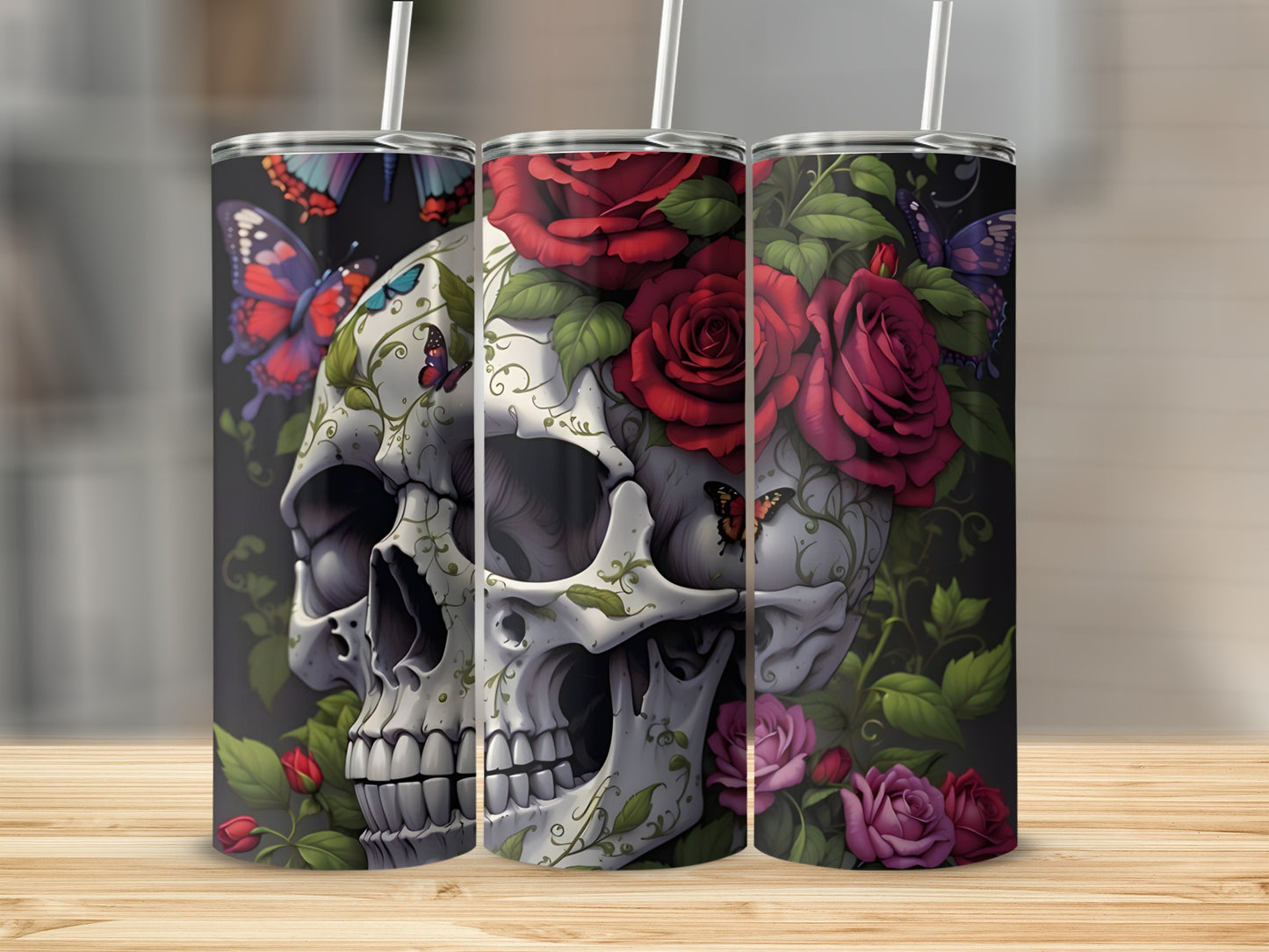 Skull adorned with roses and butterflies on a tumbler.