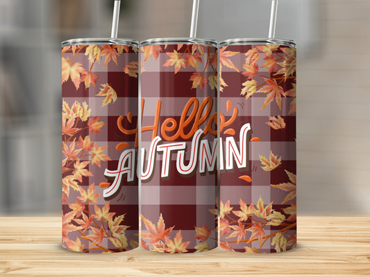 Hello Autumn Plaid Fall Leaves Tumbler Design