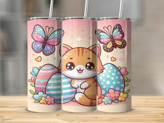 Cute cartoon cat with Easter eggs and butterflies on a pink gradient background.