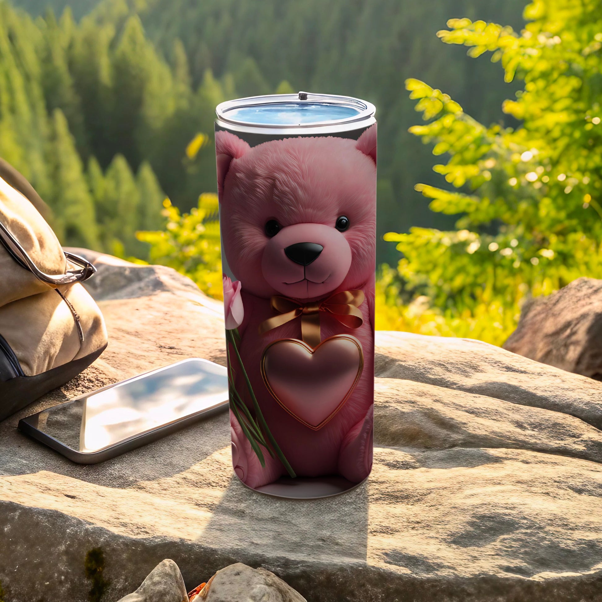 Adorable Pink Teddy Bear Heart Design Tumbler