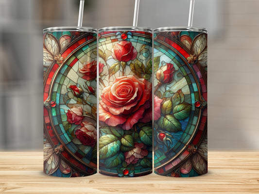 Three tumblers with stained glass roses and floral border patterns.