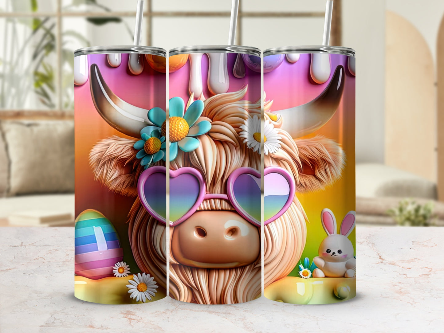 Highland cow with heart sunglasses and Easter elements.