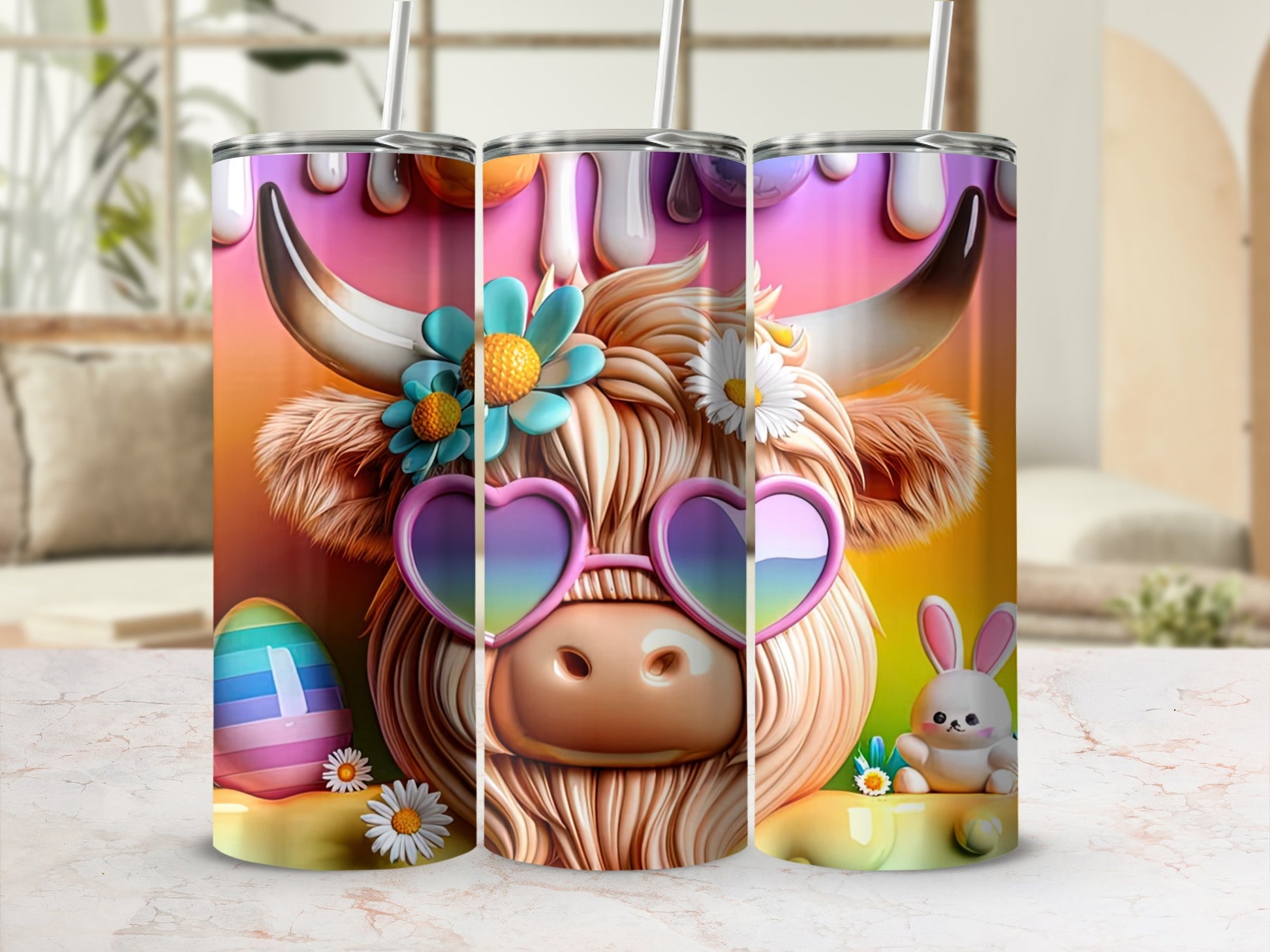 Highland cow with heart sunglasses and Easter elements.