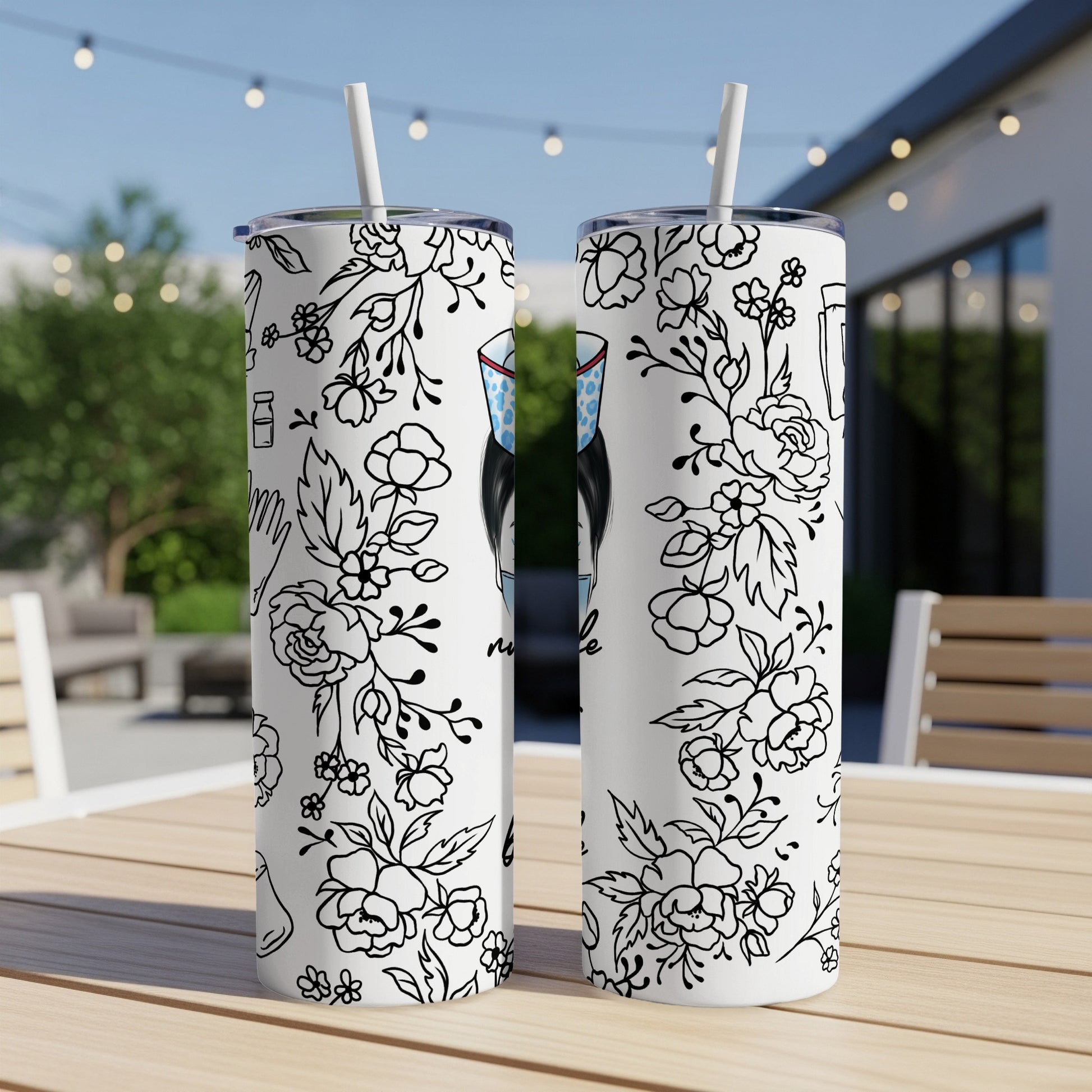 White tumbler with floral and medical line art, showing nurses' scrubs and stethoscope.