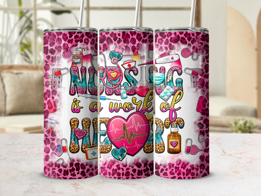 Pink leopard print tumbler with nursing themed illustrations and text.