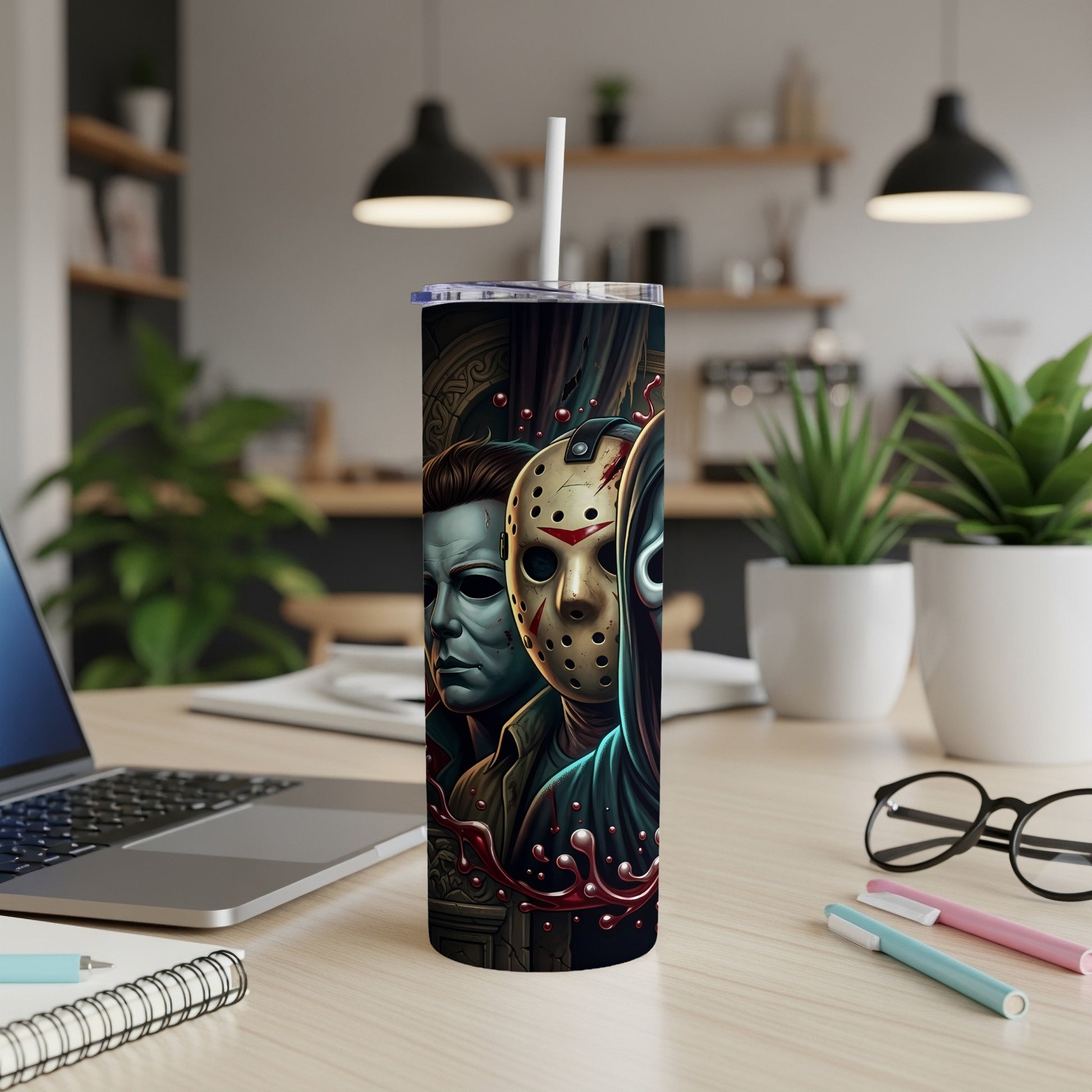 Tumbler with Michael Myers, Jason Voorhees, and Scream mask artwork.